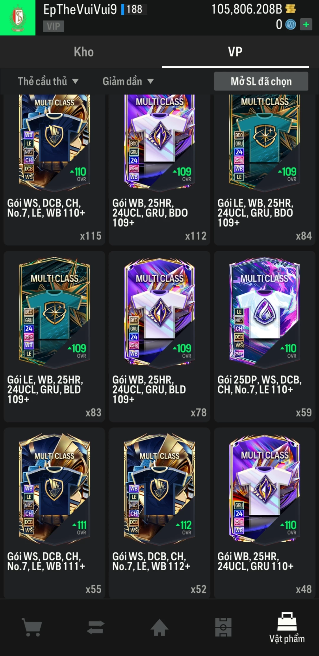 Ảnh ACC mở thẻ (LOẠI SVIP PROMAX) bao gồm có 01 thẻ +12, 03 thẻ PRIME (QH+, CP+, XS+) và hơn 1500+ đến 1600+ thẻ cầu thủ từ Siêu sao đến Miền núi các loại. Acc có sẵn BP trắng từ 90.000 tỷ BP đến 110.000 tỷ BP kèm theo nhiều ngày SVIP